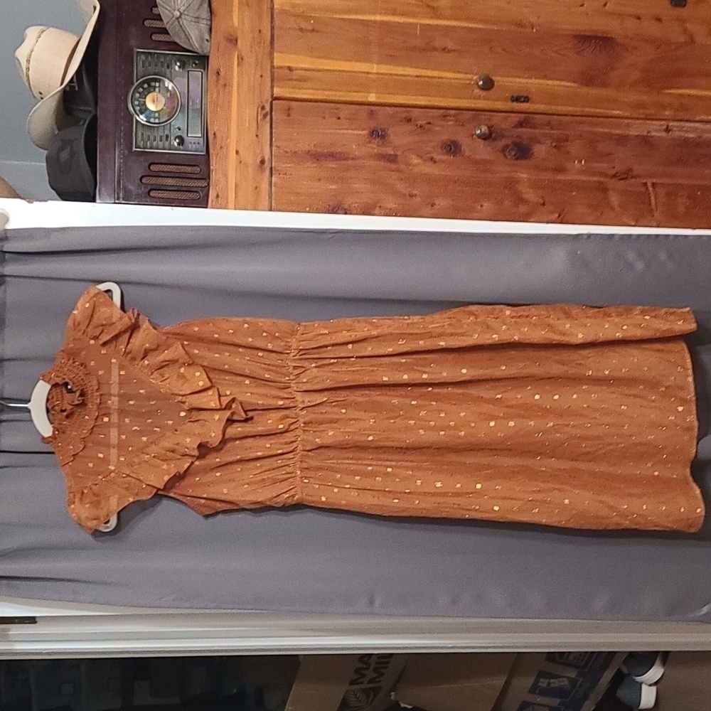 Max+Ash Womens Dress Midi Coppery W/Sparkly Squares Sheer Lined Ruffly Sz  M EUC